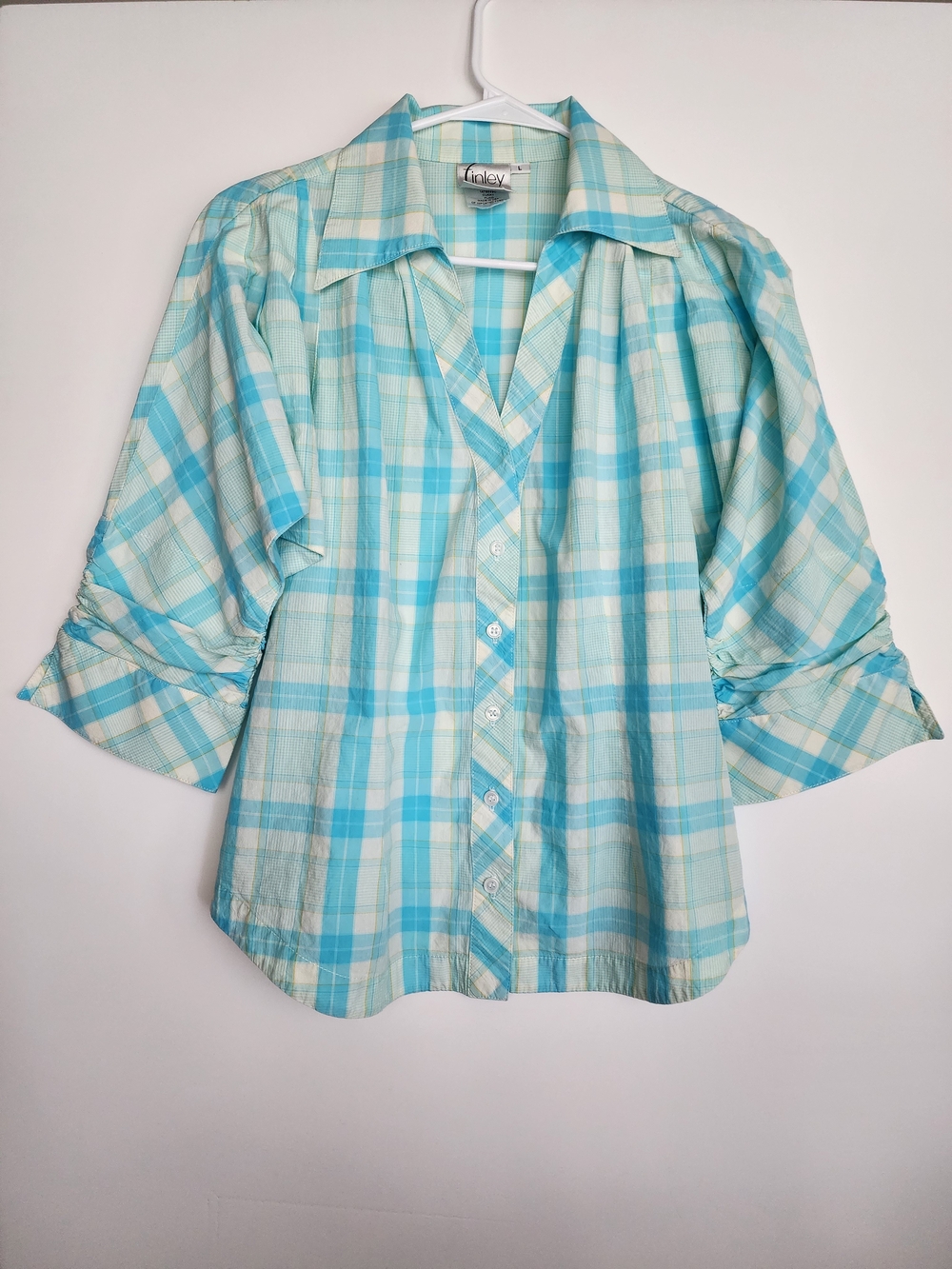 Finley Light Blue and White Plaid Button-Up Blouse